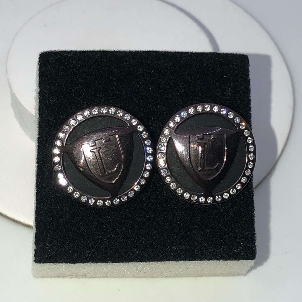 Lancaster Italy Castel Letter L Logo Dark Brown Tone CZ Halo Cufflinks .7”